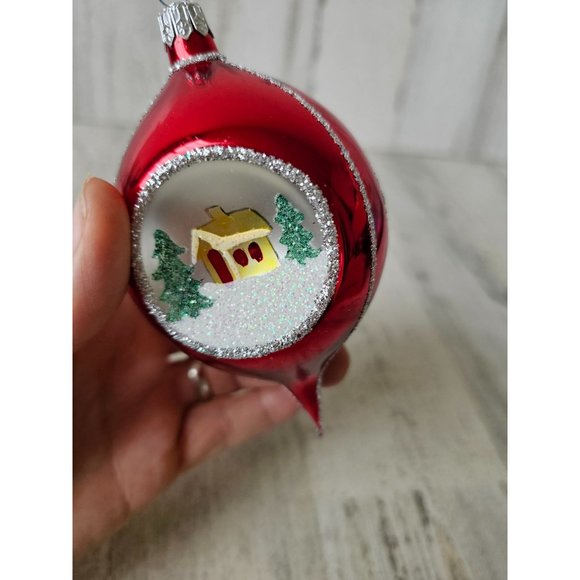 Vintage radko country scene reflector teardrop red glitter ornament Xmas indent - Picture 7 of 9